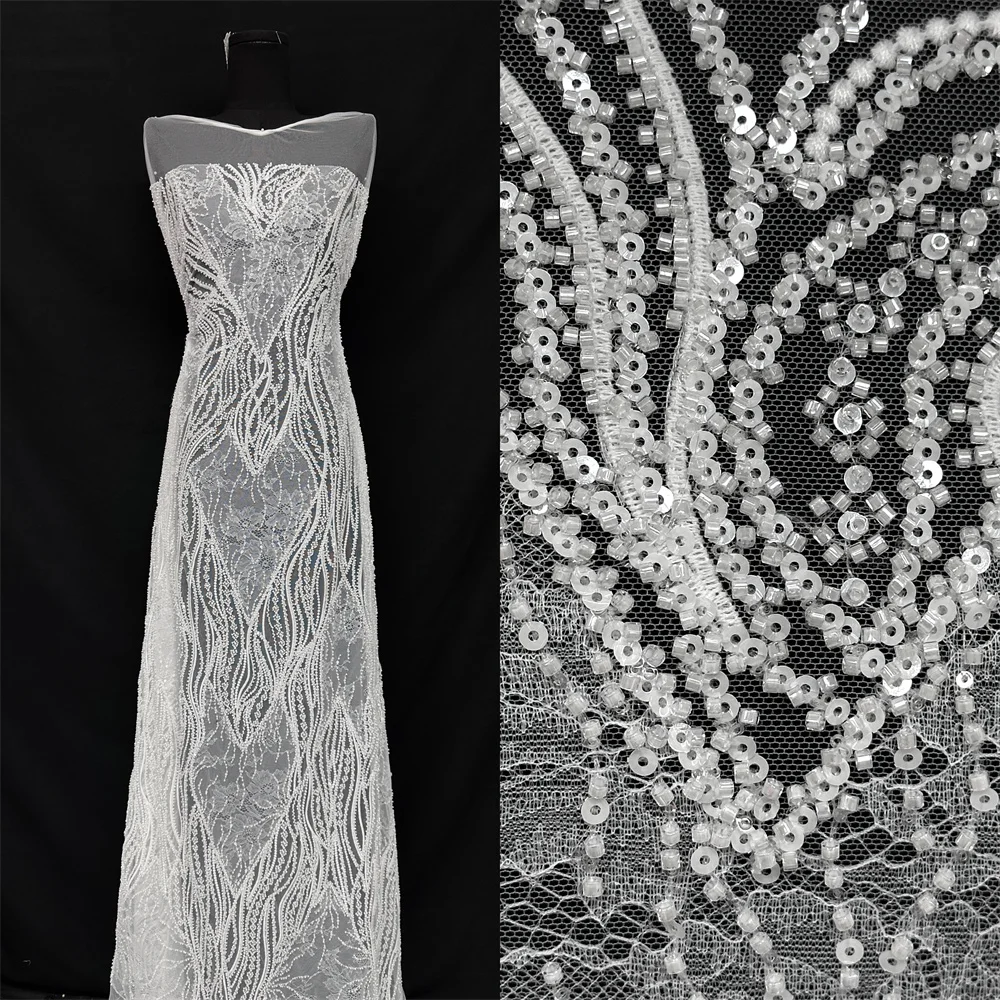 

Белая сетка с блестками, африканская кружевная ткань, 2025 г., высокое качество, кружевная вышивка бисером, французская сетчатая ткань для шитья