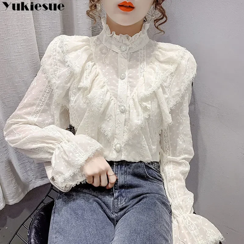 Haut plissé à col montant coréen, couture à volants, loisirs, Harajuku, chemisier élégant en dentelle, manches longues, chemises amples en mousseline de soie, printemps