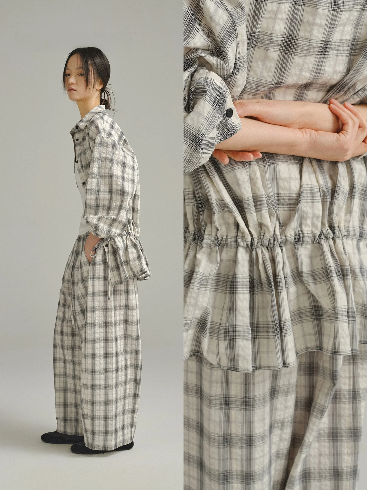 

Classic Black White Grey Plaid Shirt with Drawstring Multi-Way Styling Casual Loose Fit Cotton Polyester Blend Long Sleeve