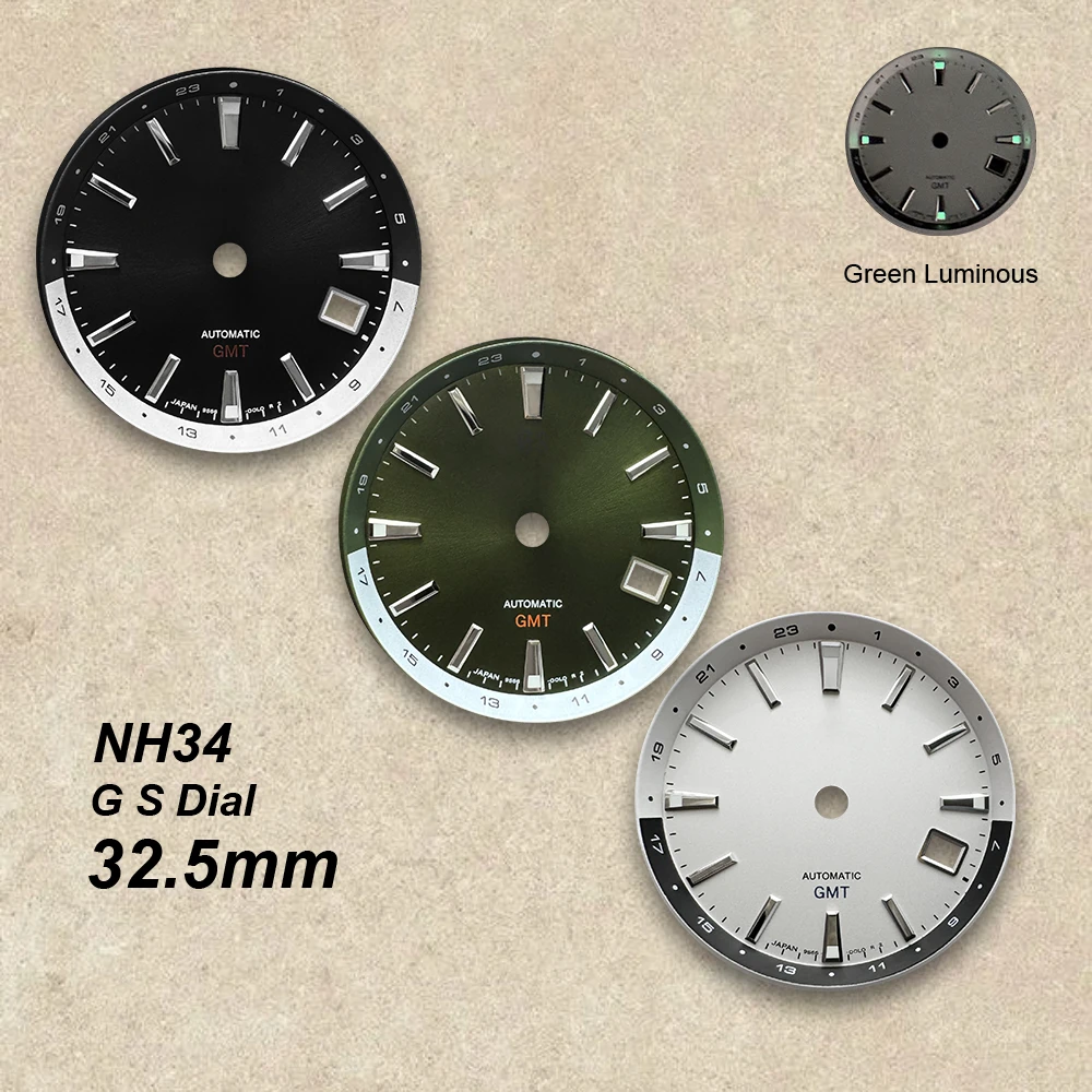 

32.5mm High Quality G S Logo GMT Dial Fit NH34 Japanese Movement Green Luminous Watch Modification Accessories