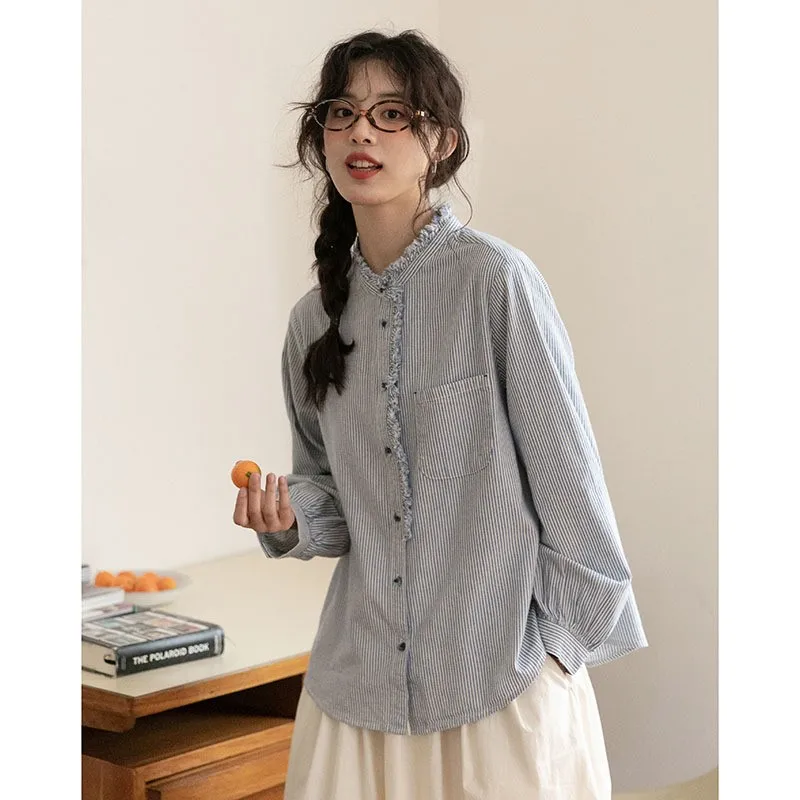 Johnature 2025 Spring Japanese Raw Edge Design Blue Stripe Loose Long Sleeve Casual Shirt Top Women New