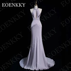 EOENKKY Vintage Slim Sexy Backless Evening Dresses Mermaid Satin Sleeveless Formal Party Dress فستان سهرة نسائي Halter Lavender
