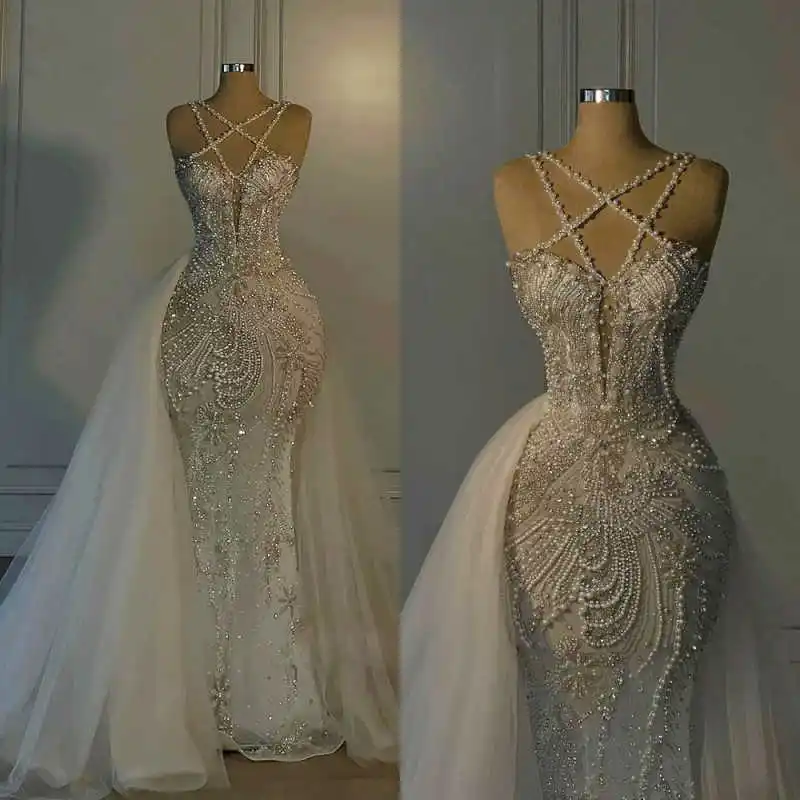 

Shiny Wedding Dresses For Women Sleeveless Detachable Train Mermaid Prom Gowns Pearls Beadeds Vestidos De Novia Customized