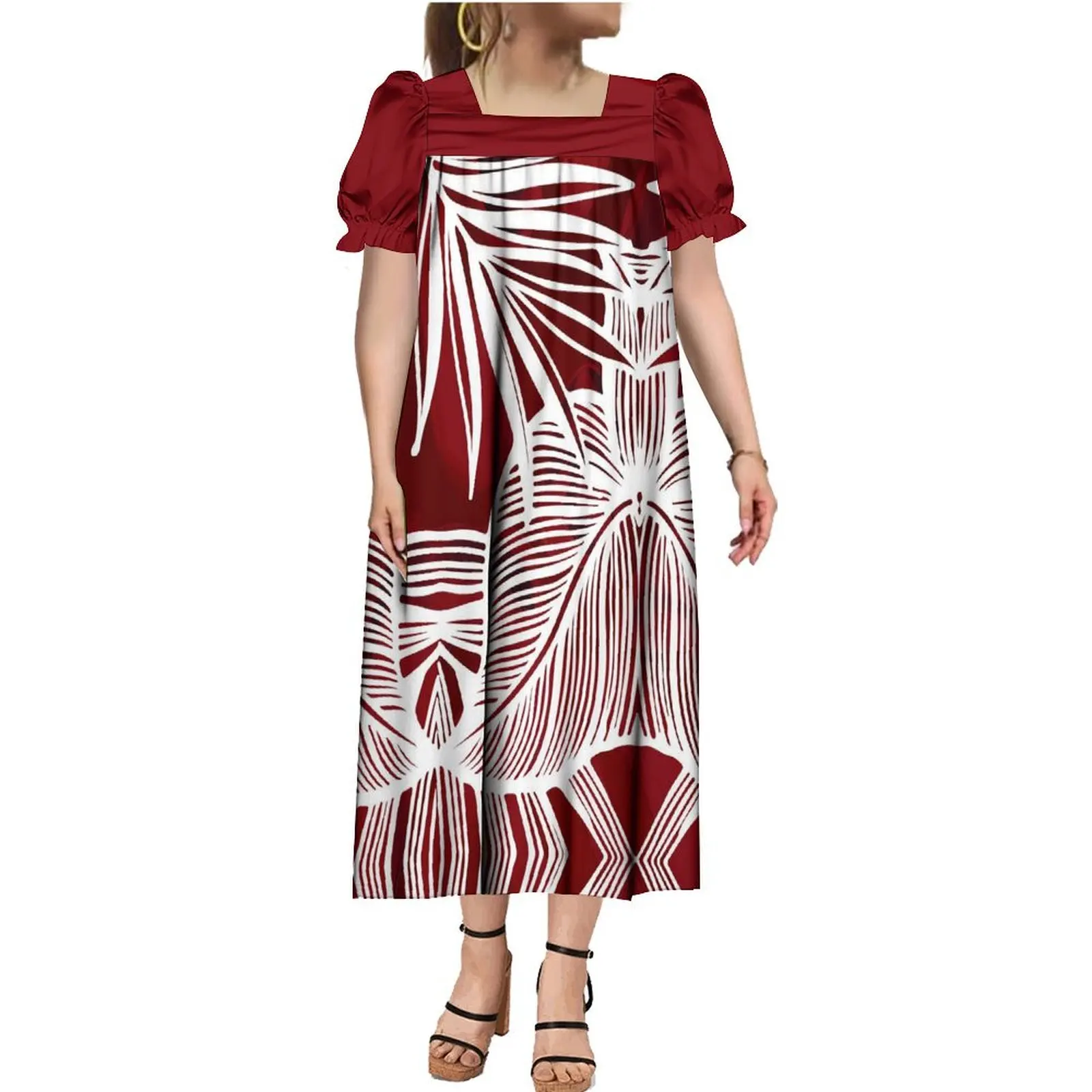 Women Customized Printed Dress Pacific Island Style Red Samoa Long Dress Polynesia Floral Pattern Dress Mumu Micronesia Style