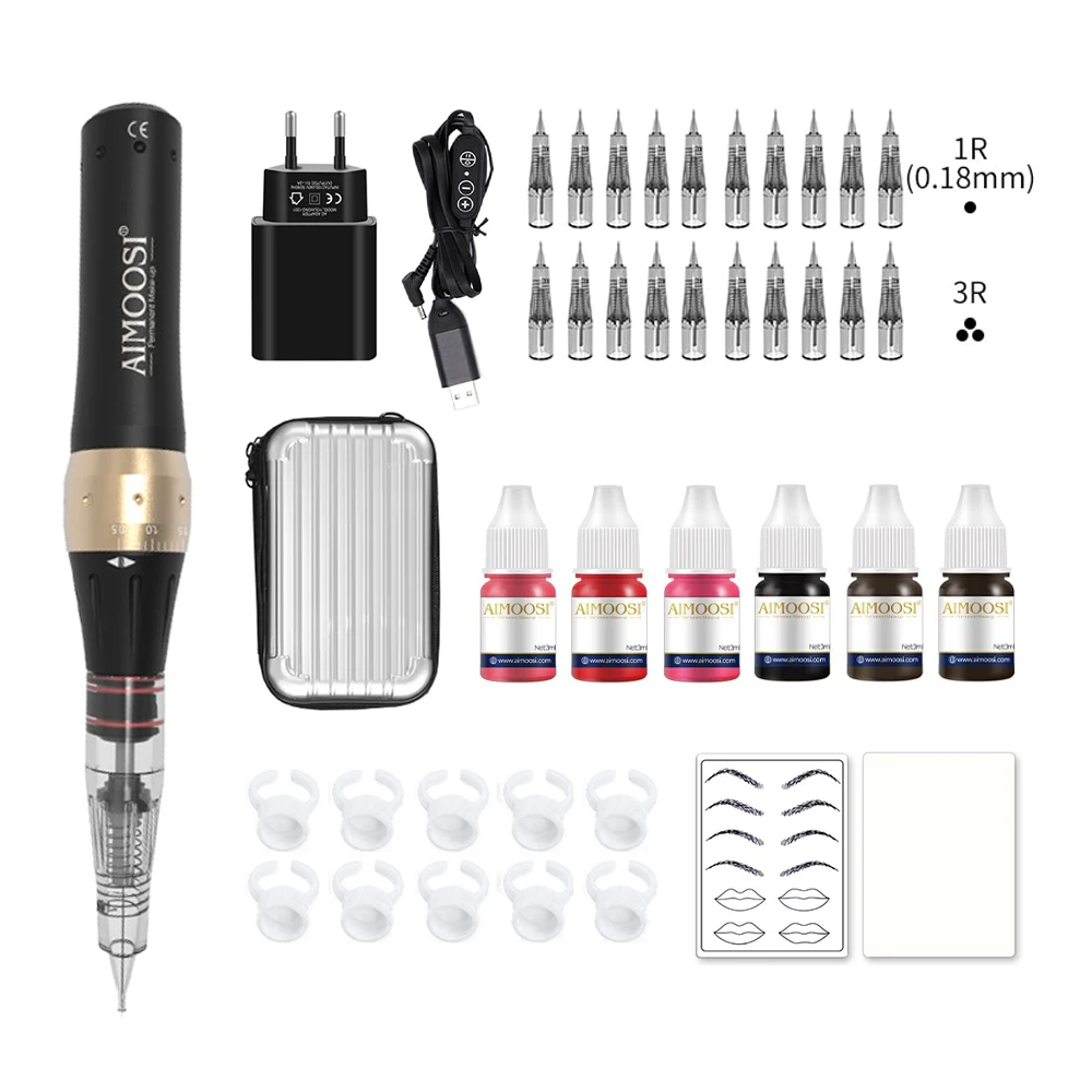 AIMOOSI Professional Permanent Makeup Machine Set 5-Speed Adjustable Dial PMU Pen for Microblading Cosmetic Tattoo Artist