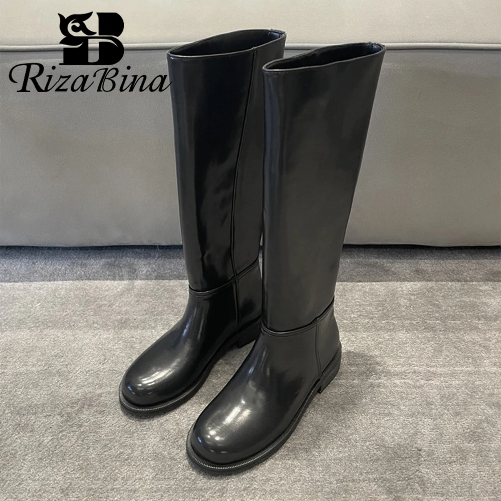 

RIZABINA 2023 Ins Real Leather Knee High Boots For Women Thick Heeled Autumn Winter Warm Shoes Female Wide Calf Motorcycle Boots