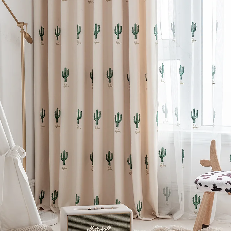 Instagram New Fresh Cartoon Embroidered Cactus Curtains for Children's Room Twill Woolen Thickened Semi Blackout Fabric Curtains