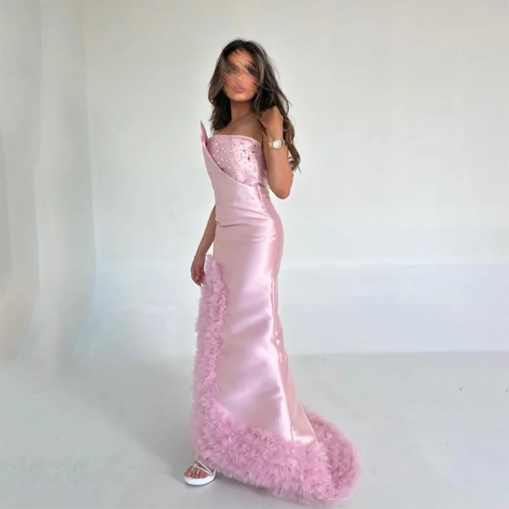 فستان سهرة وردي مخصص بدون حمالات من الساتان مكشكش بفتحة الفخذ حورية البحر فساتين حفلات أنيقة بطول الكاحل للحفلات الراقصة