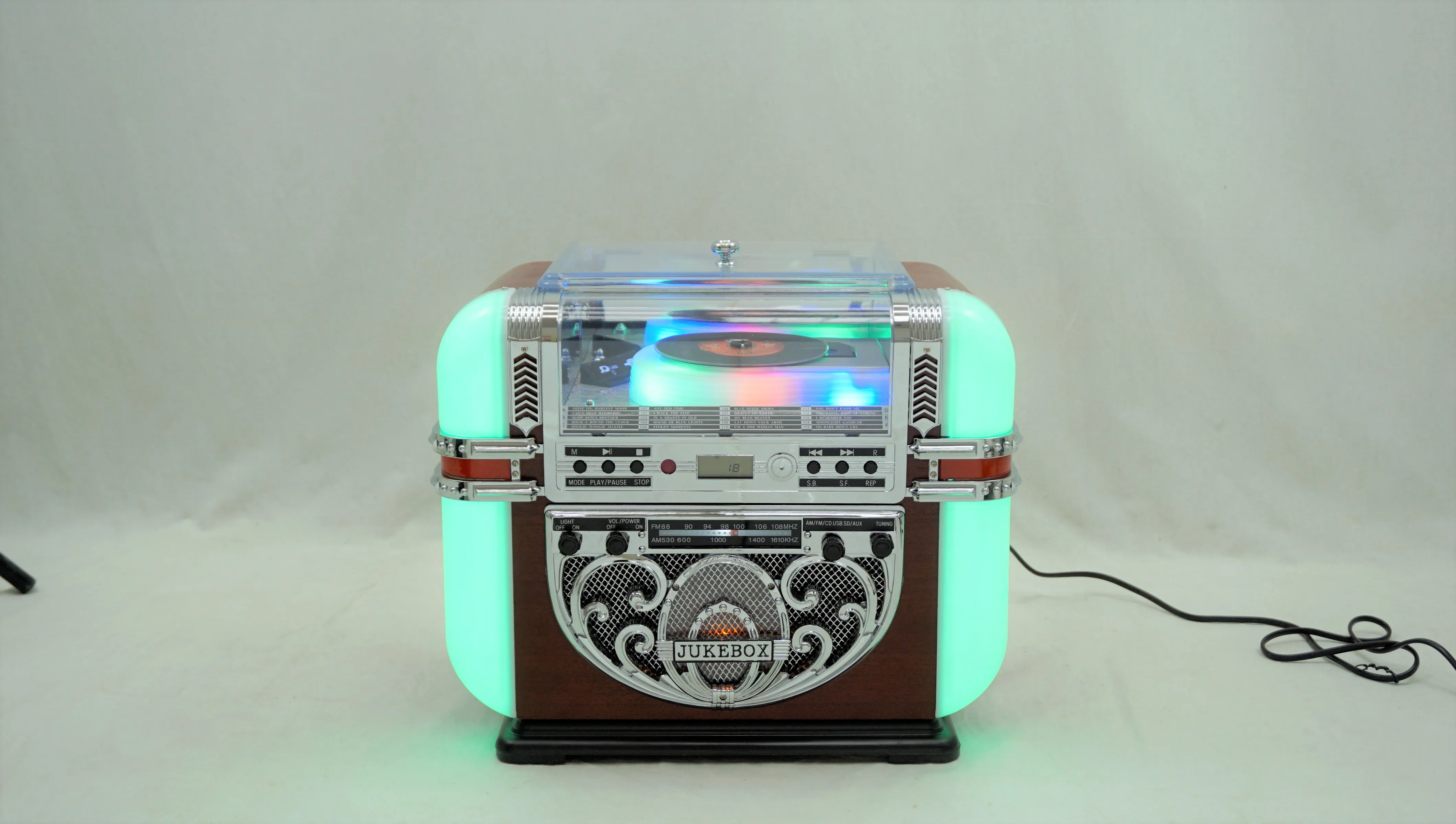 The tabletop jukebox features a rounded rectangular design, allowing for customizable colors and lights