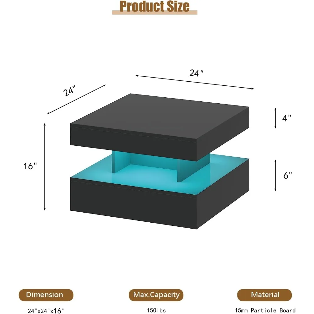 Tavolino da caffè moderno quadrato a 2 livelli con finitura in legno lucido, tavolo centrale portaoggetti 23,6 per soggiorno