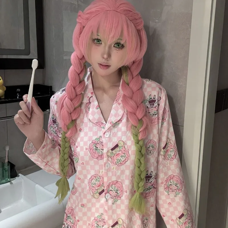 

Anime Kanroji Mitsuri Costume Kimetsu no Yaiba Cosplay Pink Cartoon Printing Top Pants Full Set Pajamas Sleepwear for Women Men