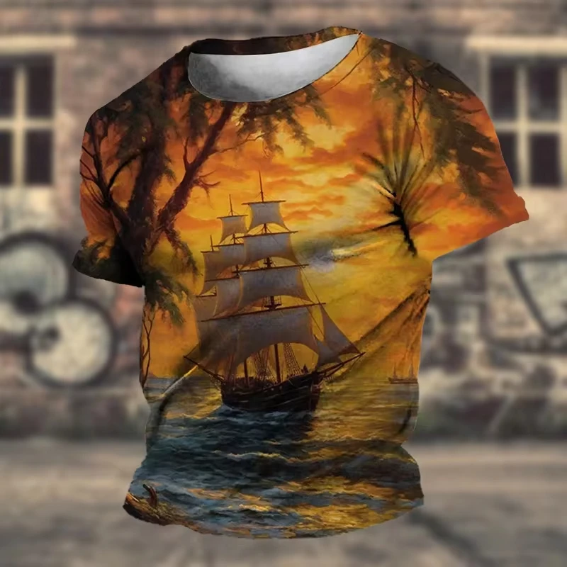 Vintage Men's T-shirts 3D Print Sea Sailing Scenery Graphic Oversized Street Outdoor Casual T Shirt Retro Short-sleeve Tops