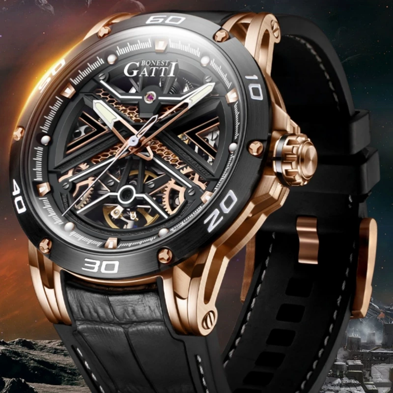 

BONEST GATTI Automatic Mechanical Watch Man European American Leisure Wristwatch Luxury Silver Luminous Waterproof Watches Mens