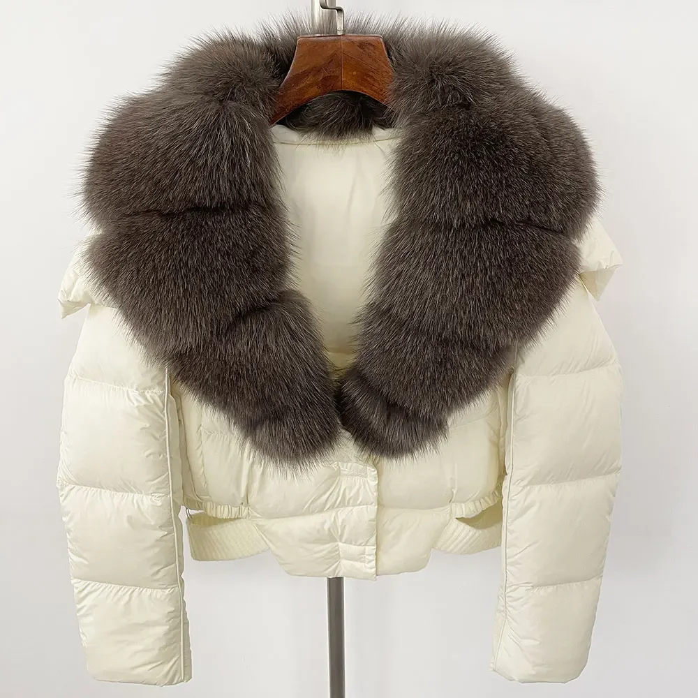여성용 천연 진짜 너구리 여우 모피 칼라 후드, 화이트 덕 다운 코트, 두껍고 따뜻한 캐주얼 아우터, 겨울 2024 신상