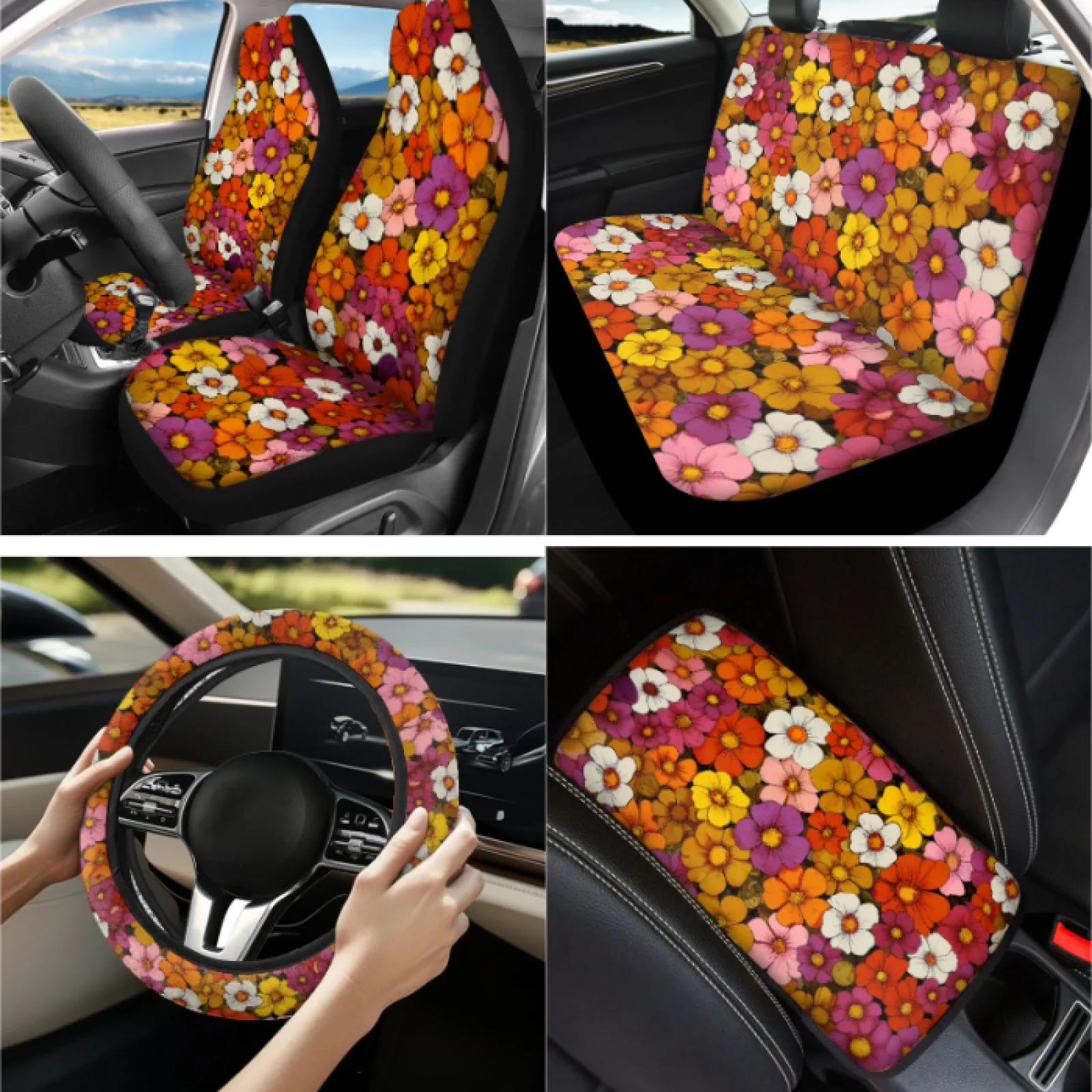Coloranimal Floral Pattern 13 PCS Car Seat Cover Set with Comfortable Coasters and Key Chain for Interior