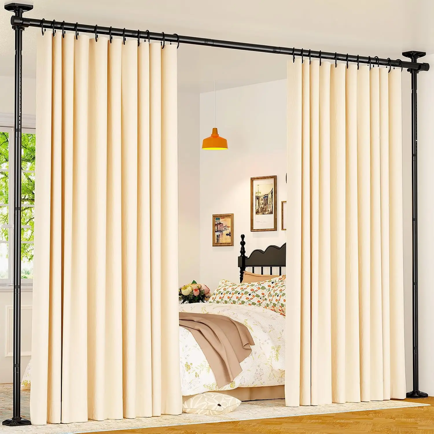 

Adjustable Room Divider, Tension Rod No Drilling, 4-10ft Height, 28-70in Width, Freestanding Privacy Wall Separator in Black