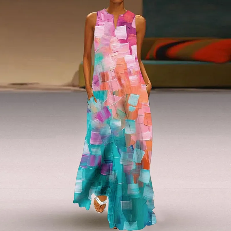 夏のフレッシュフラワープリント中空アウトVネックノースリーブロングドレスホリデーカジュアルルーズマキシドレスパーティーディナーイブニングドレス