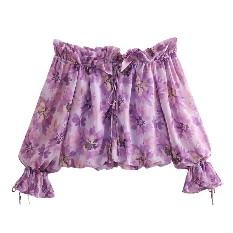 

Printed Women Off Shoulder Top With Summer Purple Print Leisure Backless Bow tie Strapless Decoration Petal Sleeve Tank Top