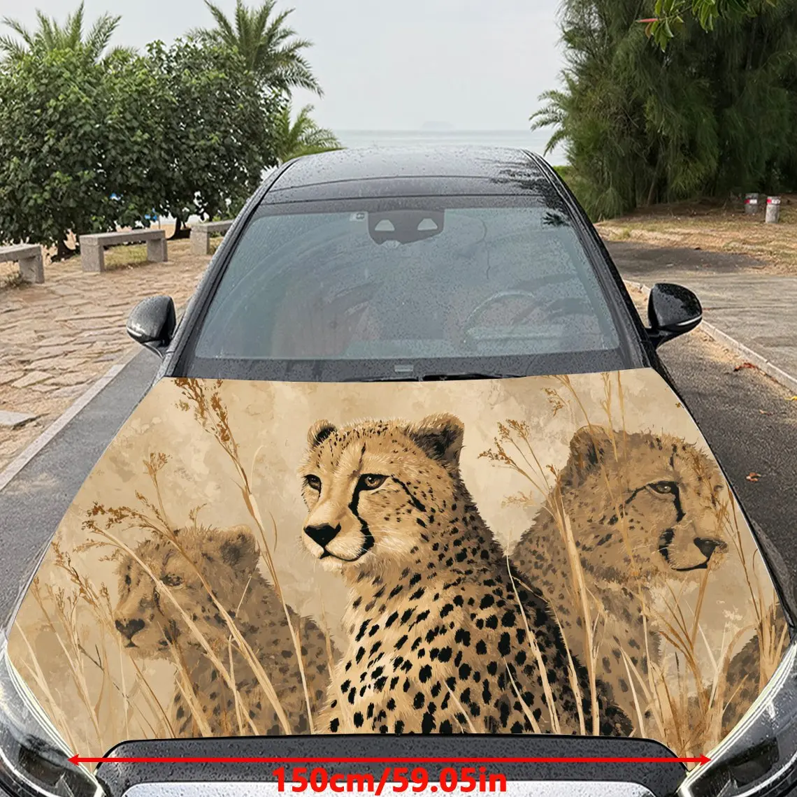 Car Decals Cheetah Group with Beige Textured Background & Artistic, Dynamic Visual Details Car Hood Sticker, Waterproof Self - A