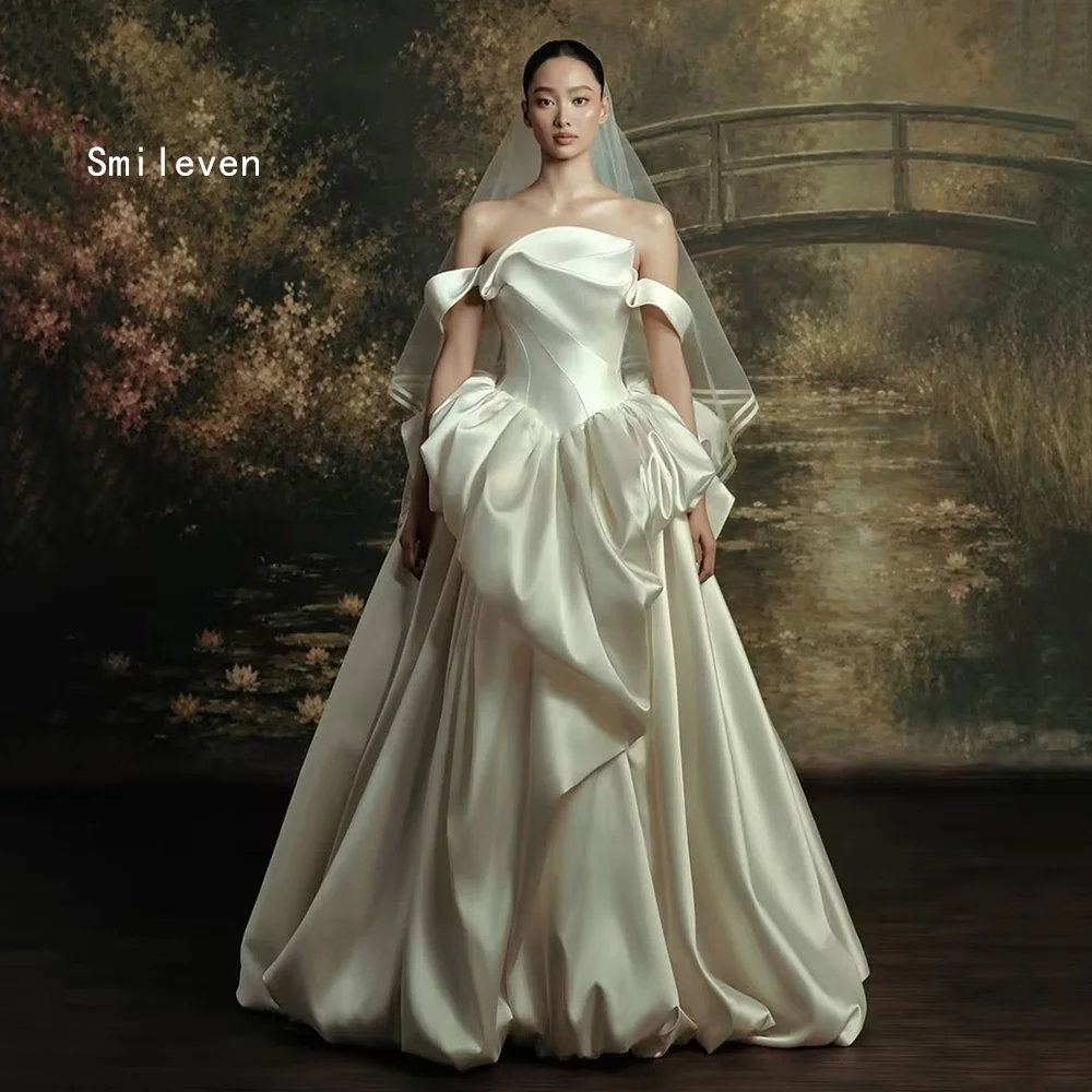 Smileven Ivory Ball Gown Wedding Dresses Off‑the‑Shoulder Short Sleeve Bridal Dress Large Back Bow Draped Skirt Gowns Customized