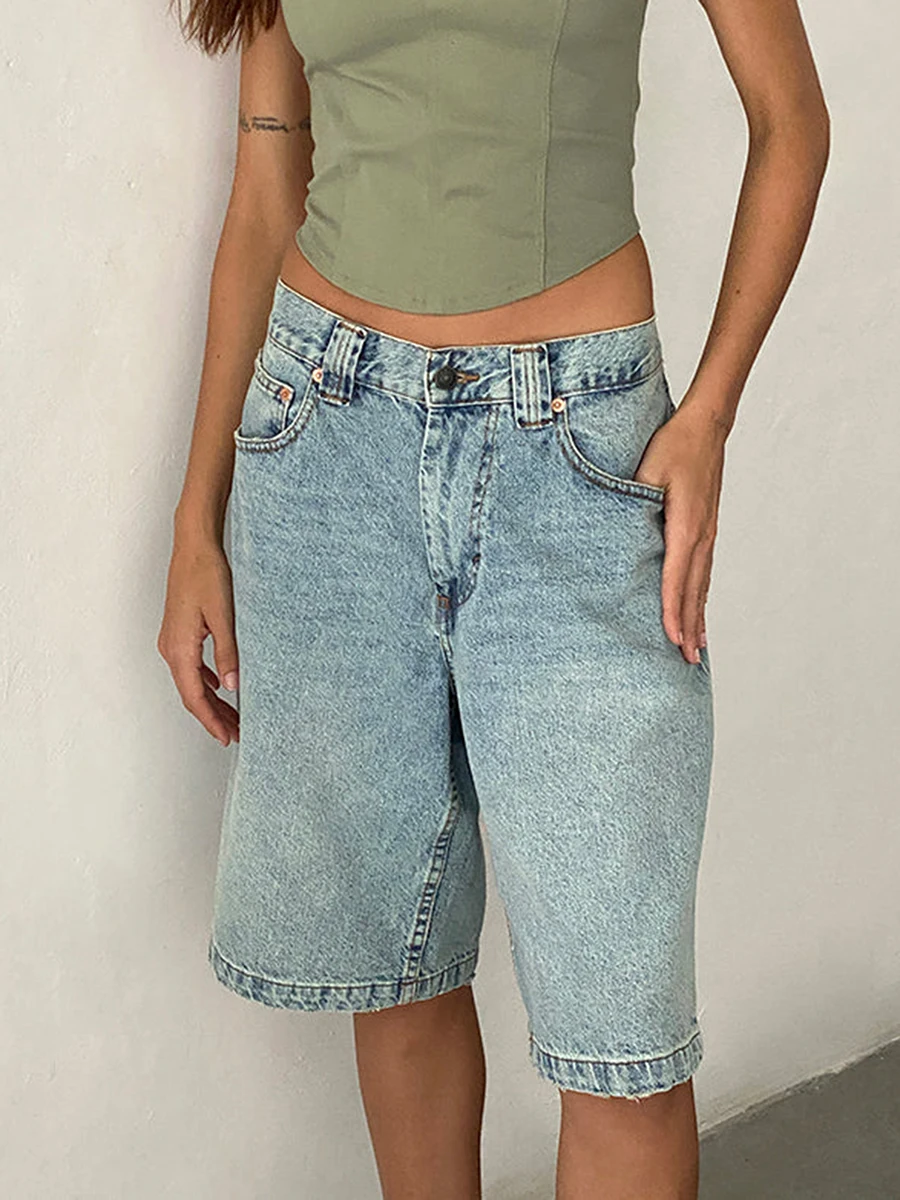 Gothic y2k Denim Shorts for Women Low Rise Wide Leg Knee Length Oversized Fit Summer Jeans Shorts with Pockets Streetwear