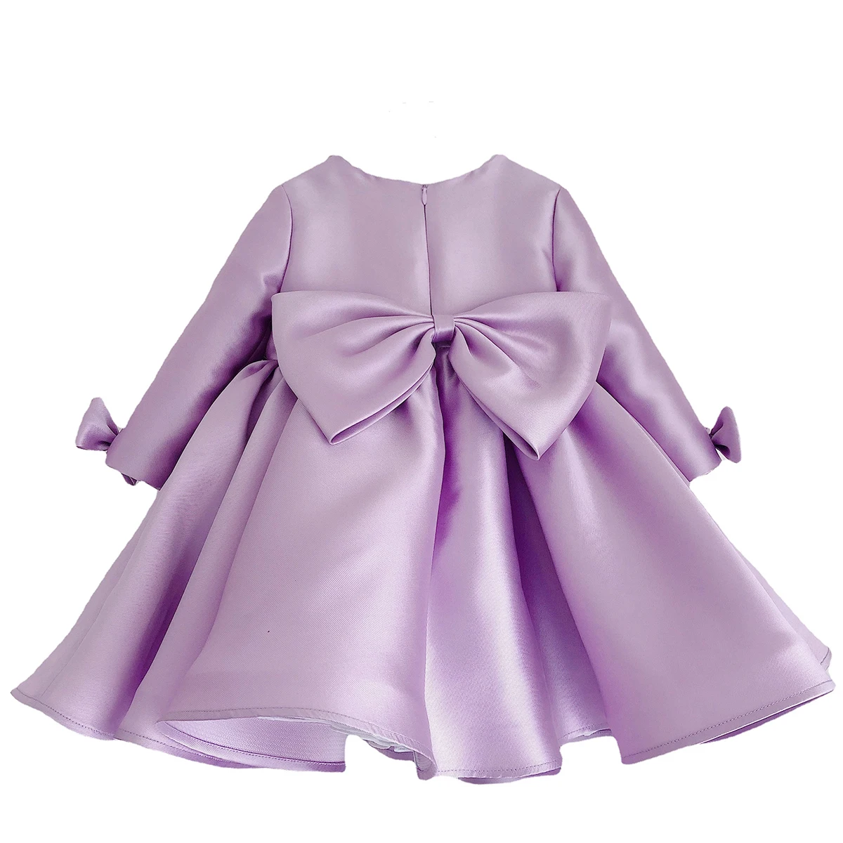 Kids Toddler Baby Lilac Flower Girls Knee-length Long Sleeves Satin Dress for Birthday Ceremonies Wedding Party 1-9Years 2023