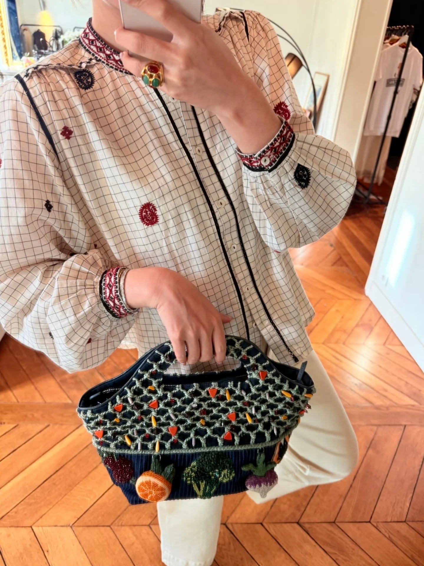 

Retro Embroidered Long Sleeve round Neck Shirt Women's Fashionable Checkered Collarless Top Black White Color Block Casual Wear