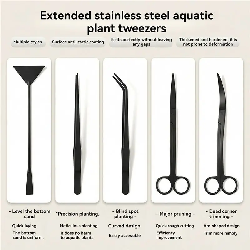 IALJ-Long Black Stainless Steel Aquascaping Tool Set(5 Pcs), Aquarium Tools Kit Including Flat Sand Shovel For Aquatic Plants