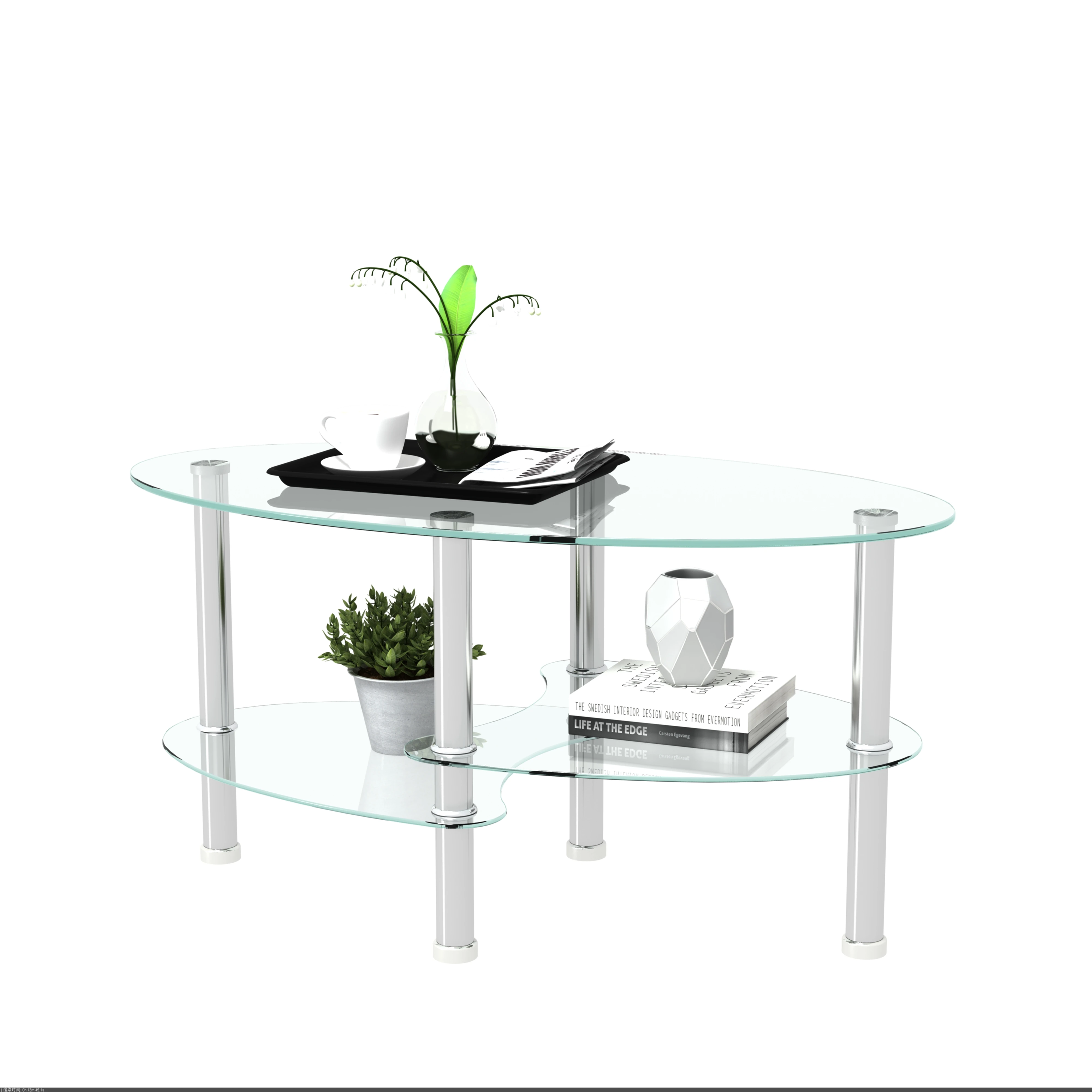 Table basse en verre ovale transparente, table moderne avec pied en acier inoxydable, table à thé Table en verre à 3 couches pour salon