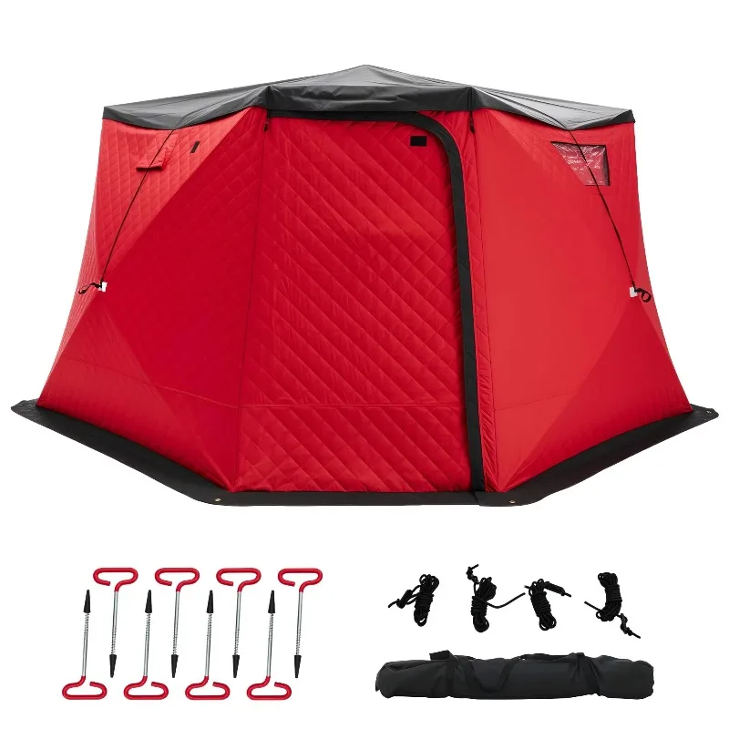 Insulated Pop-Up Ice Fishing Tent Steel Pole 4-10 Person Capacity 3-Layer Oxford Fabric Waterproof Cover