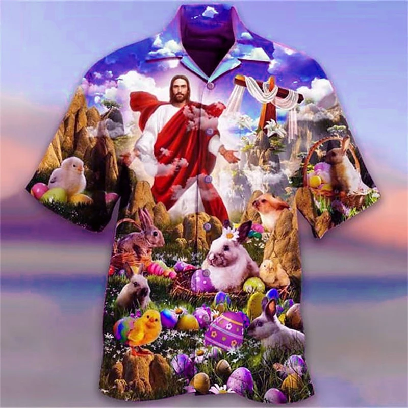 Jesus Christ Animal Shirts For Men Hawaiian 3d Printed Pattern Christians Mary Crucified Breathable Beach Casual Short Sleeved