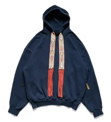 23SS KAPITAL Hiroda Two-color Japanese Vintage Geometric Tassels Ethnic Style Embroidery Ribbon Loose Hooded Men's Sweatshirts