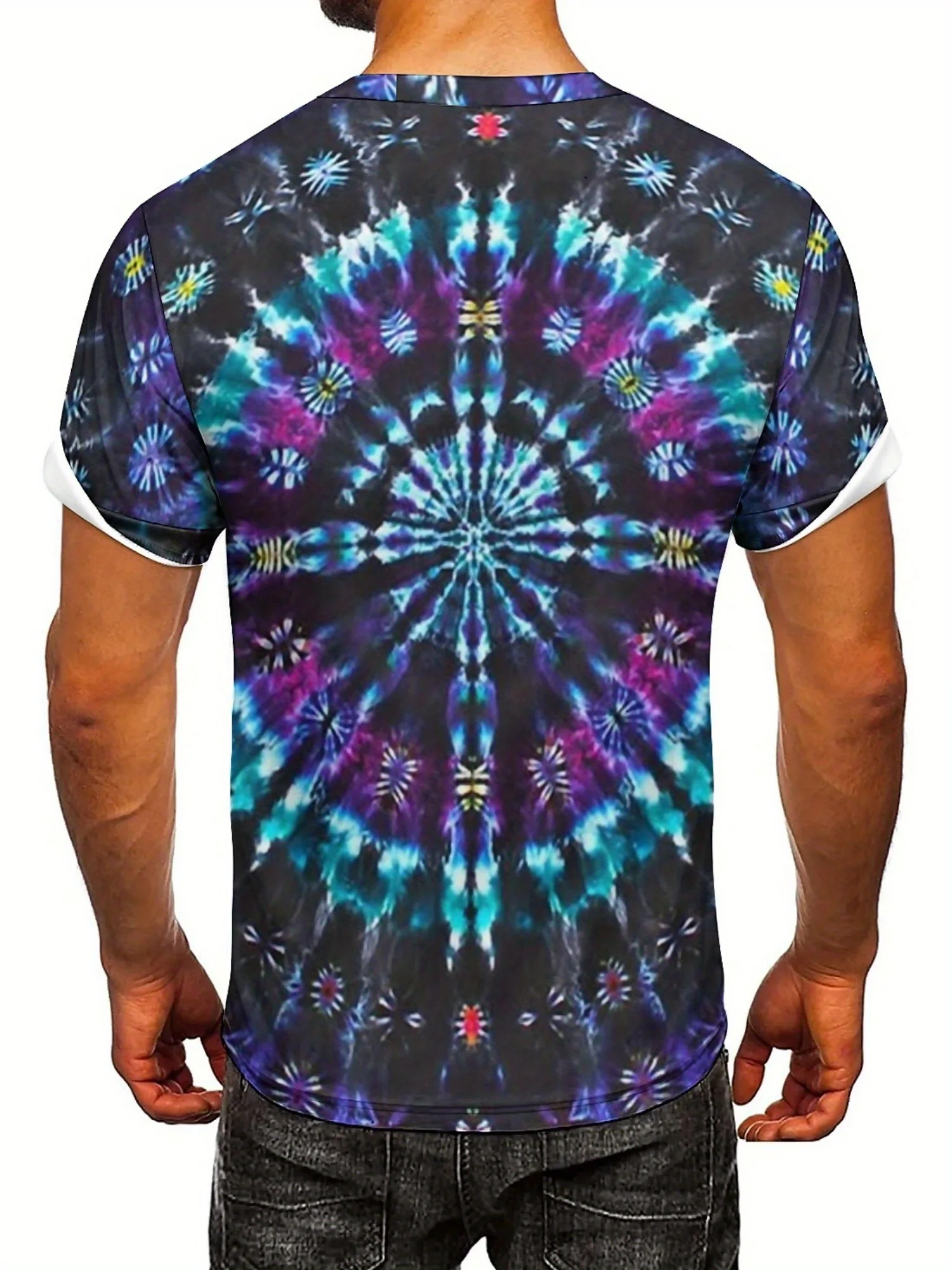 Men's 3D Printed Tie-Dye T-Shirt with Geometric Art Pattern - Vibrant Blue Purple Pink Yellow Green on Black