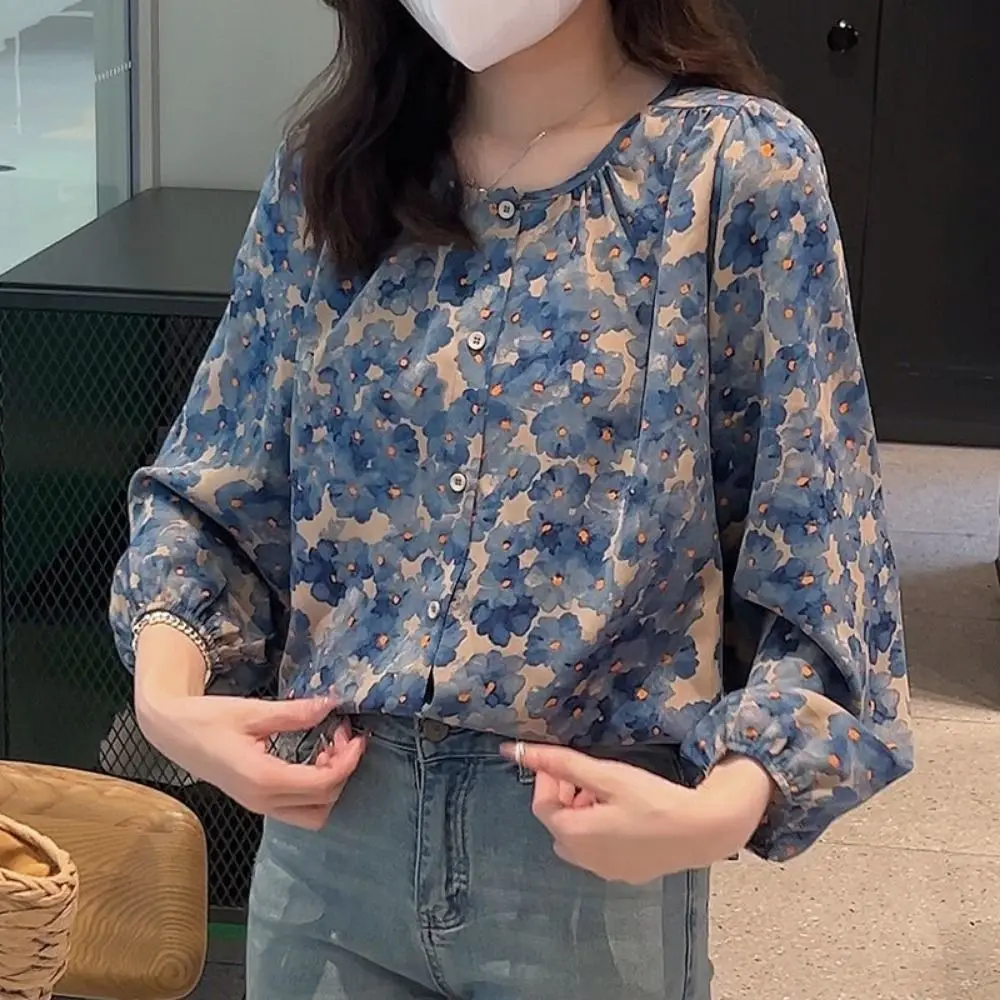 Sweet Round Neck Sweet Flower Shirts Loose Long Sleeve Chiffon Floral Shirt Tops Breathable Thin Women's Chiffon Blouse Girl