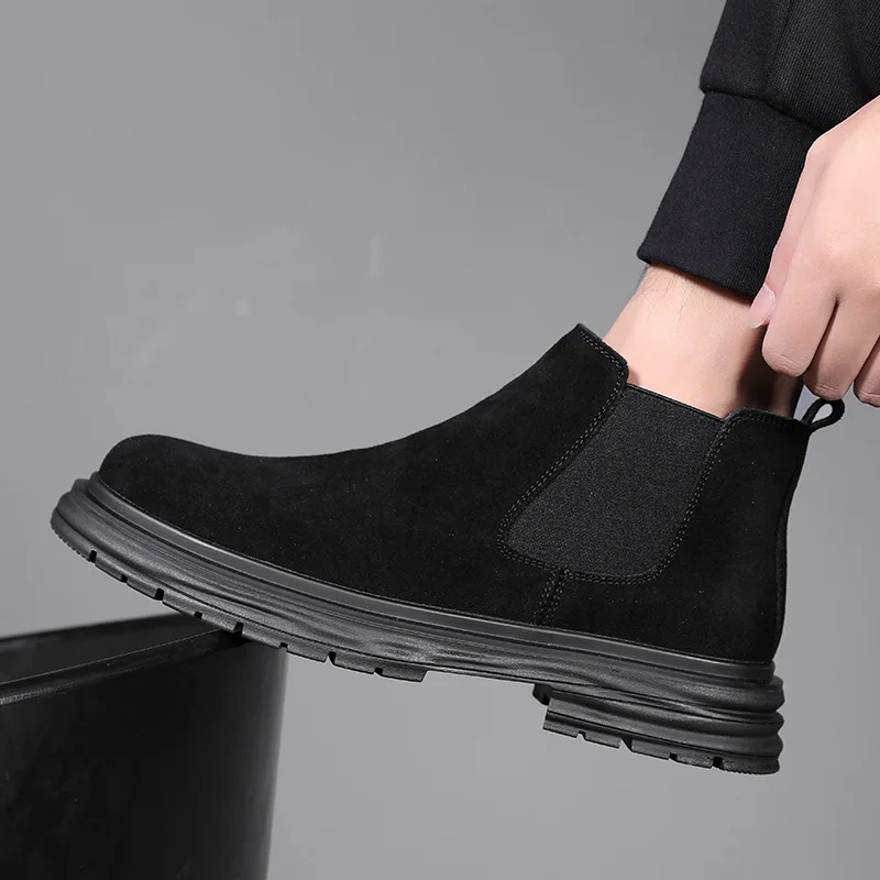 

British style men fashion chelsea boots cow suede leather shoes black trendy cowboy platform boot handsome ankle botas zapatos