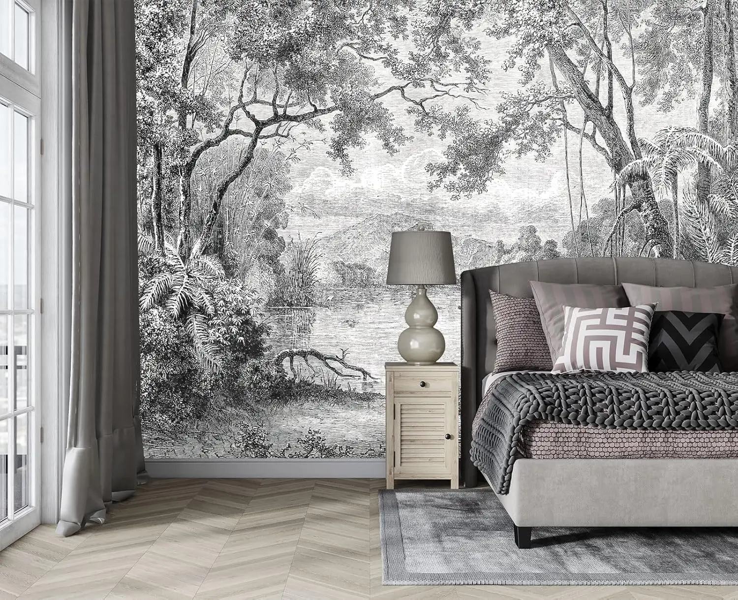 Vintage Nature Tapestry Wall Hanging Polyester Tropical Jungle Engraving Art Black White Monochrome Forest Mural Home Decor Acce