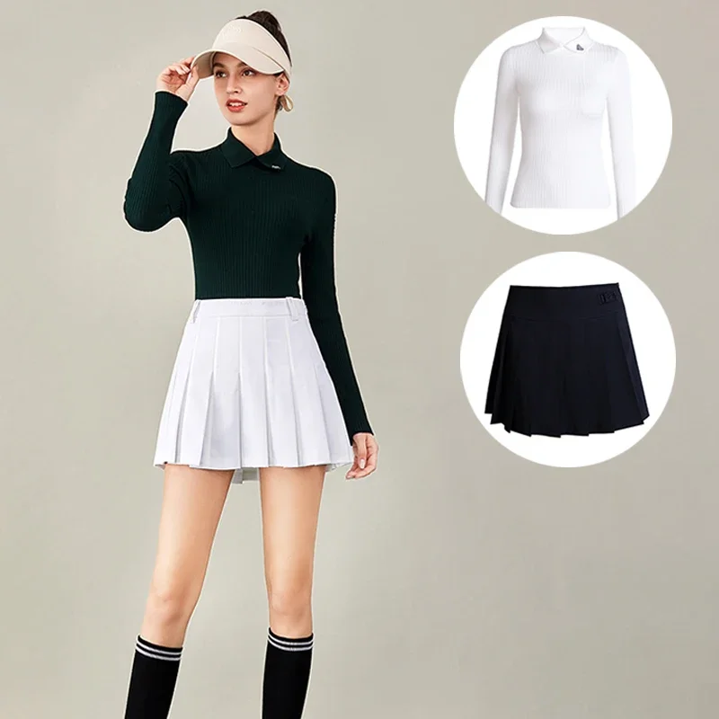 Love Golf Women Long Sleeve Golf Shirt Warm Knitted Polo Sweater Lady Slim Pleated Skirt Mid-waisted Elastic Skorts Golf Sets