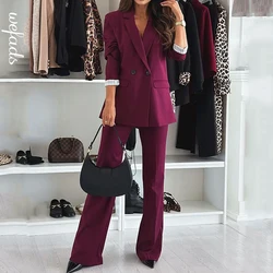 Wefads Two Piece Set Autumn Winter Office Simple Solid Long Sleeve Lapel Double Breasted Button Top Loose Straight Pants Sets