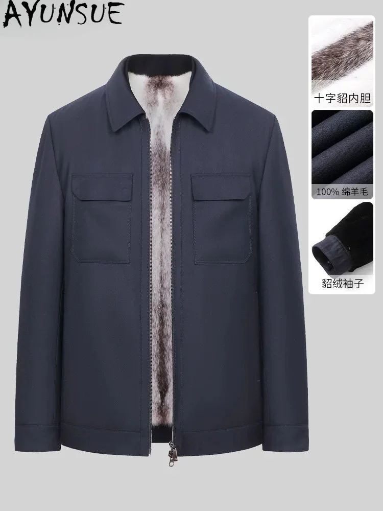 AYUNSUE High-end Cross Mink Man Real Fur Coat Winter Top Quality Mink Fur Liner Parkas 100% Wool Coats Warm Natural Fur Jacket