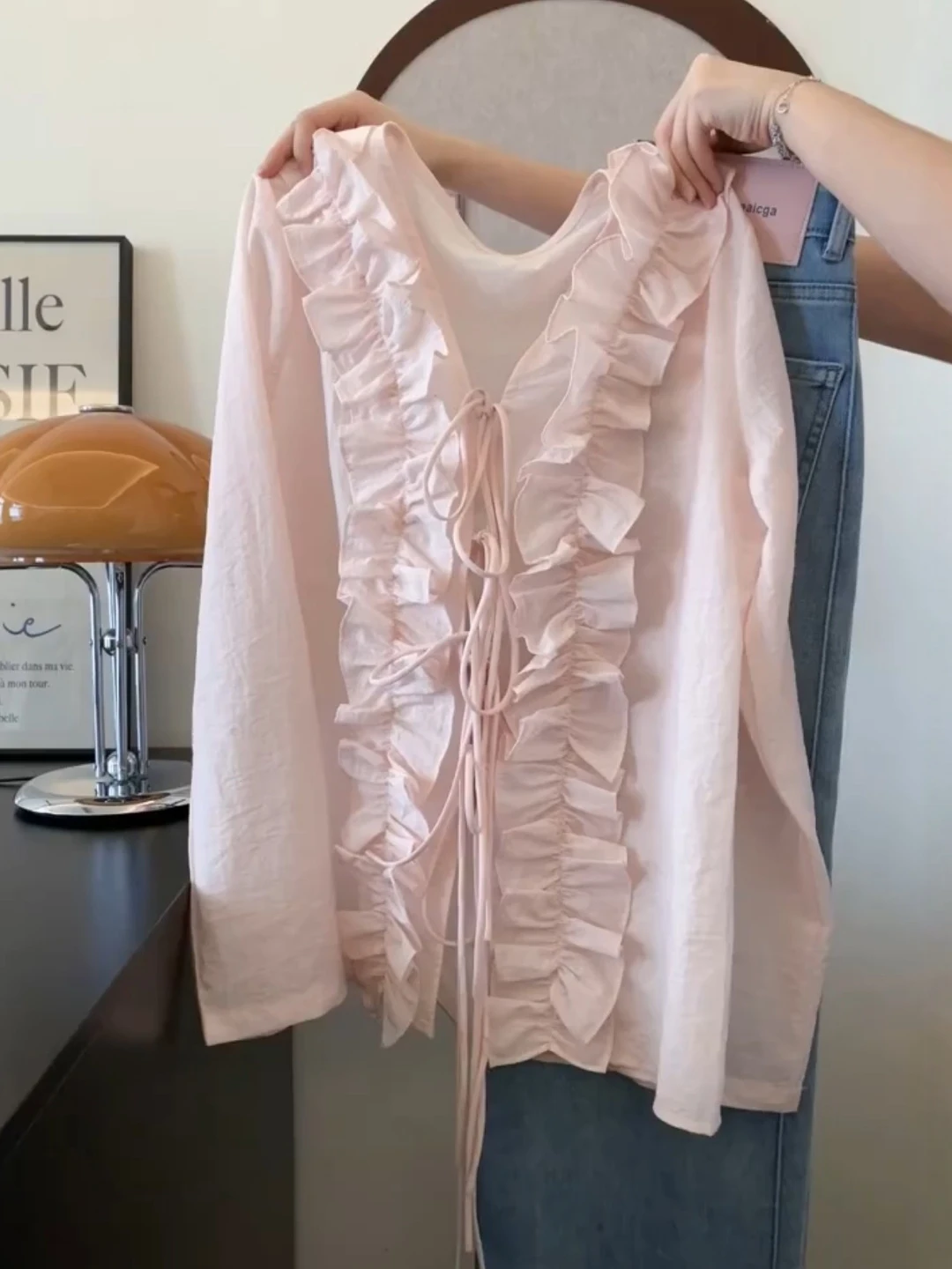 

Pink Lace Trim Belted V-Neck Long Sleeve Shirt Women's Spring Autumn Sweet Youthful Elegant Loose Top Korean Style Commute