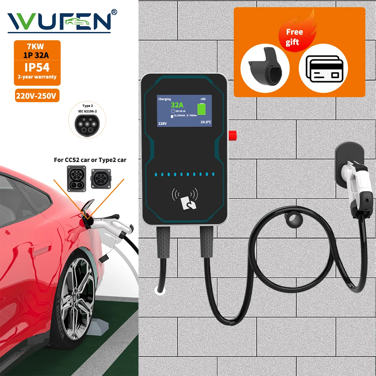 

WUFEN IEC 62196-2 wall charger Type 2 Plug Card charging 220V-250V 1 Phase 5m Cable Wall Mount Charging Station for Electric Car