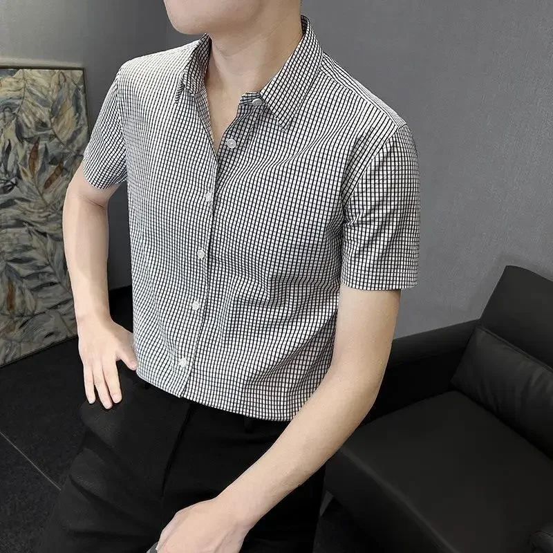 

Short Sleeve Plaid Men's Shirt White Check Male Shirts Sale Tops with Sleeves Slim Fit Vintage Aesthetic Summer Cheap Brand Silk