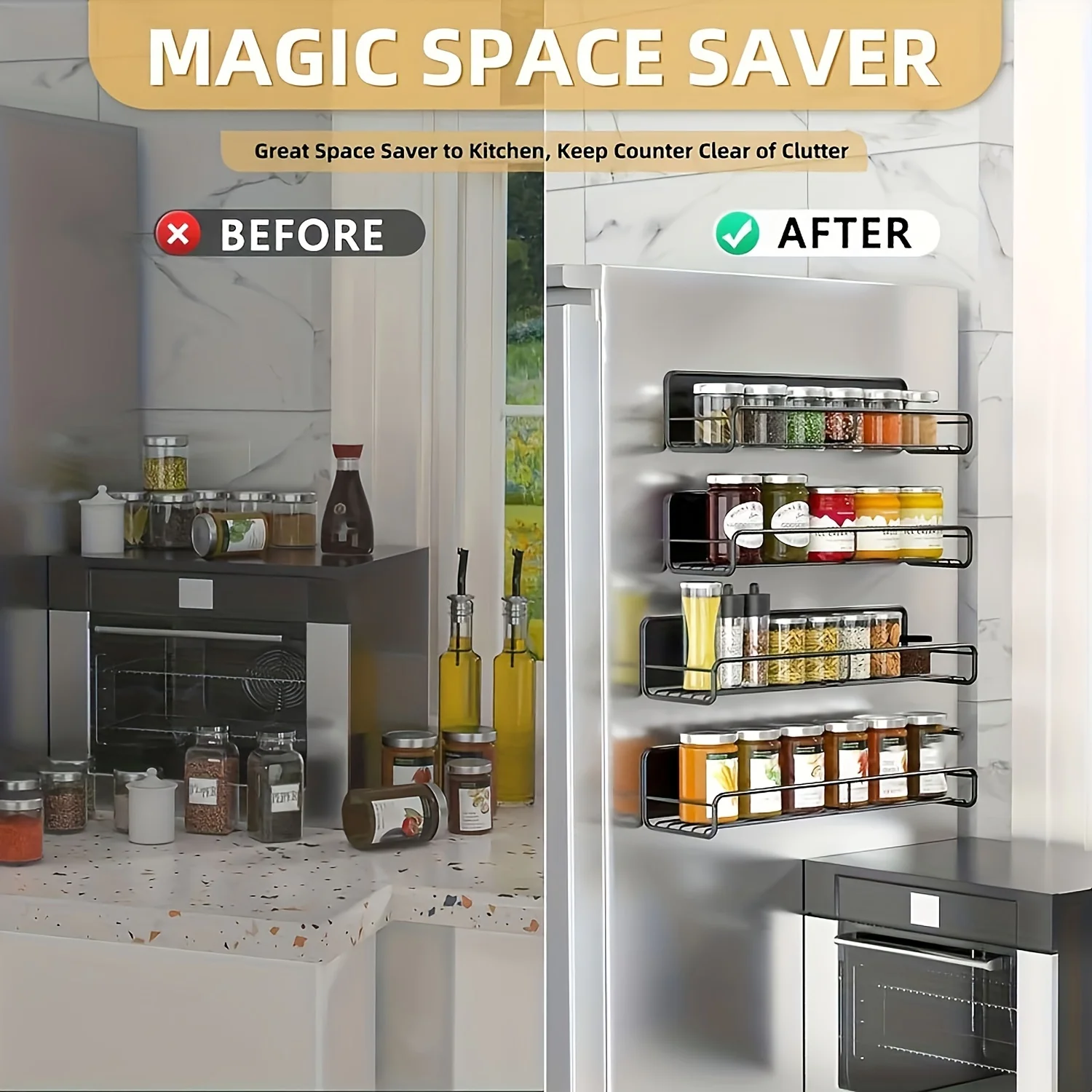 Magnetic Fridge Shelf Wall-mounted Spice Storage Rack No punching Storage Rack Space Saving Refrigerator Kitchen Organizer Shelf