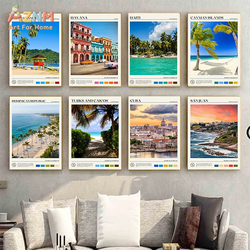 AZNM Frameless Canvas Poster Caribbean Travel Landscape Print, Cuba Havana Tropical Beach Palm Tree Vintage Tourism Wall Art Pic