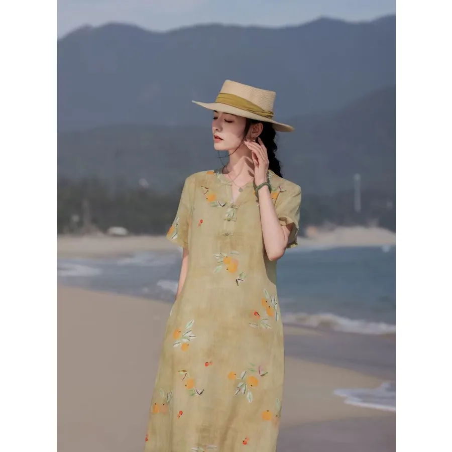 

Chinese Style V-Neck Qipao Dress, Women Ramie Fabric Floral Print Cheongsam with Frog Buttons