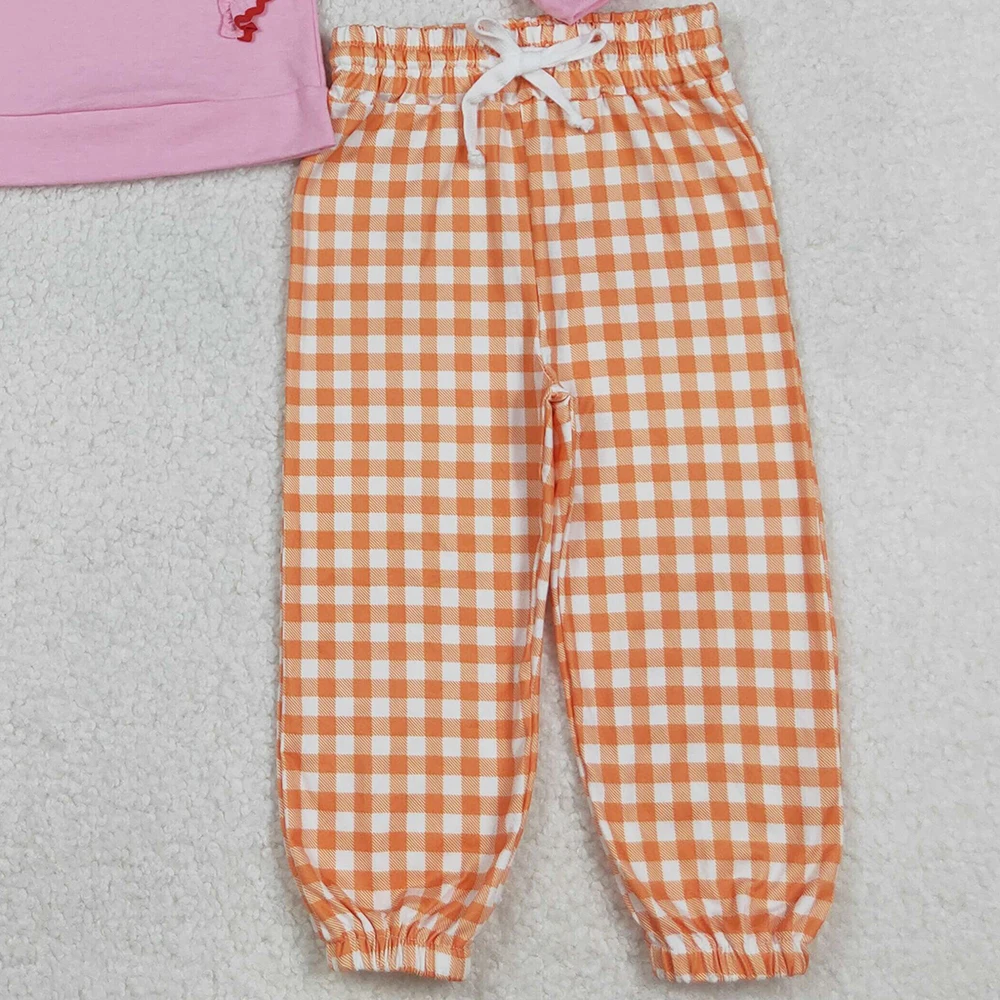 Top de calabaza de pavo de manga larga rosa para niñas con pantalones a cuadros naranjas conjunto de traje de Acción de Gracias para bebés