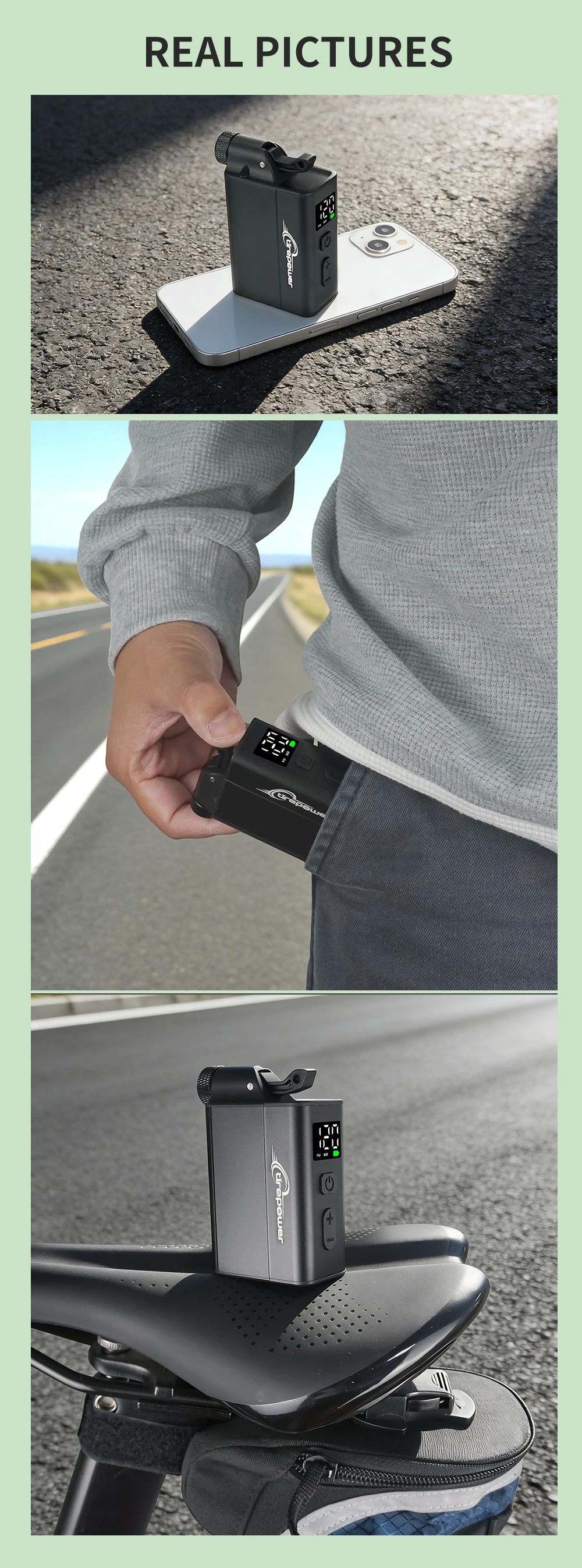 Elektrische Fahrradpumpe mit schnellem USB-C-Ladeanschluss, 120 PSI, tragbarer Mini-Reifenfüller mit zwei 480mAh Akkus und Display – Detail 39