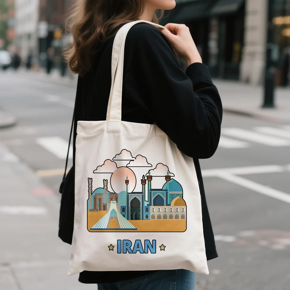 Iranian landscape patterns, hand-painted style prints, casual canvas tote bags, durable shoulder bags, large-capacity handbags
