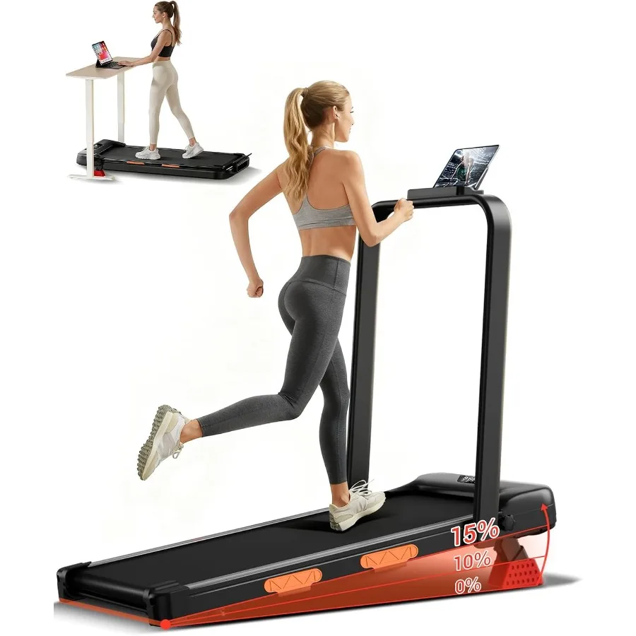 Under desk treadmill for home use, 15 incline walking pad, durable steel frame, sleek black finish, compact space-saving design