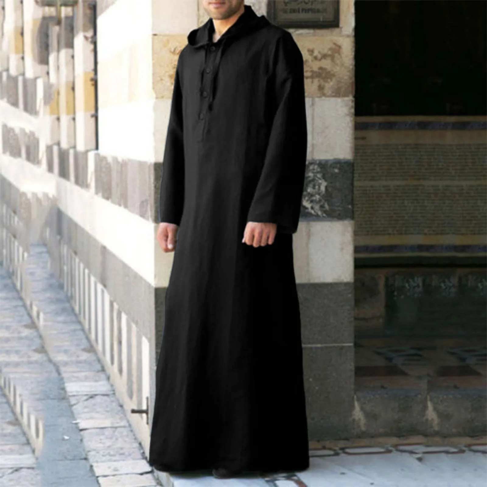 Men's Muslim Robe Islamic Ramadan Juba Kaftan Dishdash Arabian Robe Solid Color Long Sleeve Collar Loose T-shirt Dress Tunic